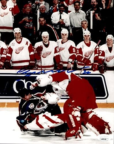 Chris Osgood İmzalı Detroit Red Wings Dövüş Gecesi VS Roy 8x10 Fotoğraf 2 JSA COA - İmzalı NHL Fotoğrafları