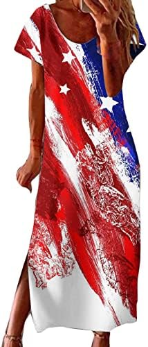 4th Temmuz Elbise Kadınlar için Rahat Yaz Boho Maxi Elbise ABD Bayrağı Kısa Kollu Scoop Boyun Yıldız Çizgili Uzun