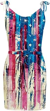 4th Temmuz Elbise Kadınlar için Yaz ABD Bayrağı Tankı Elbise Cepler ile Elastik Bel Spagetti Kayışı V Boyun Mini Sundress