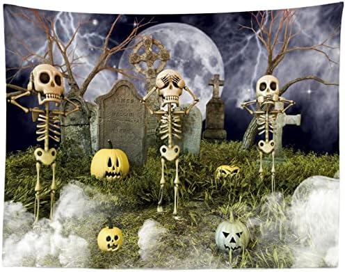Loccor 9x6ft Kumaş Cadılar Bayramı fotoğraf arka fonu Mezarlıkta Üç İskelet Kabak Arka Plan Parti Doğum Günü Afiş