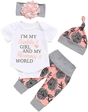 Yürümeye başlayan Kızlar için Giysi Romper + Çiçek Kıyafet Pantolon + Şapka + Kafa Bandı Mektup Seti Baskı Bebek Kollu