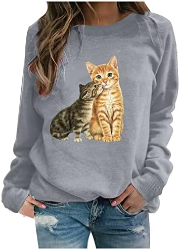 Kedi Tişörtü Kadın Sonbahar Crewneck Uzun Kollu Kazak Tops 3D Baskı Sevimli Hayvan Lover Gömlek Casual Güz Bluz