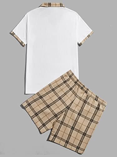 NIBHZ İki Parçalı Kıyafetler Erkekler için Ekose Baskı Kontrast Yaka Tee ve İpli Bel Şort (Renk: Çok Renkli, Boyut: