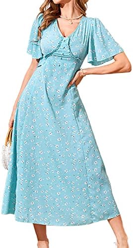 Kadınların gündelik yaz elbisesi Çarpıntı Kısa Kollu Belli uzun elbise Bohem tarzı çiçek Baskı İnce midi Parti Elbise