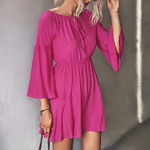 NOKMOPO Maxi Elbise Kadınlar için Sonbahar ve Kış Düz Renk Patchwork İpli Yuvarlak Boyun Uzun Kollu Elbise