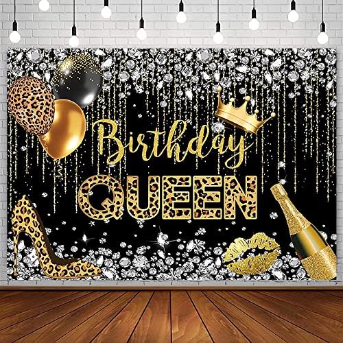Sendy 7x5ft Doğum Günü Kraliçe Zemin Kadın Kız Leopar Siyah ve Altın Elmas Taç Balon Şampanya Fotoğraf Arka Plan Balo