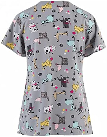 Petite Scrubs Kadınlar için Hayvan Baskı Hemşirelik Üstleri Sevimli Üstleri Kısa Kollu Gömlek V Boyun T cepli tişörtler