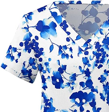 Kadınlar için Scrubs, Çiçek Grafik V Yaka Kısa Kollu Büyük Boy Tişörtleri Kadın Scrubs Üstleri Sıkı