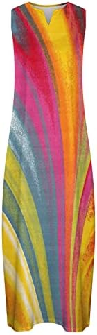 ticcoy kadın Kolsuz Elbiseler V Boyun Batik Baskı Maxi Elbise 2023 Moda Yaz Plaj Sundress Cepler ile