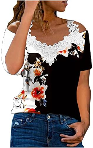 Kadınlar için soğuk Omuz Tops, şık Rahat Dantel Strappy Bluz Kısa Kollu Yaz T Gömlek Çiçek V Boyun Tunik Tees
