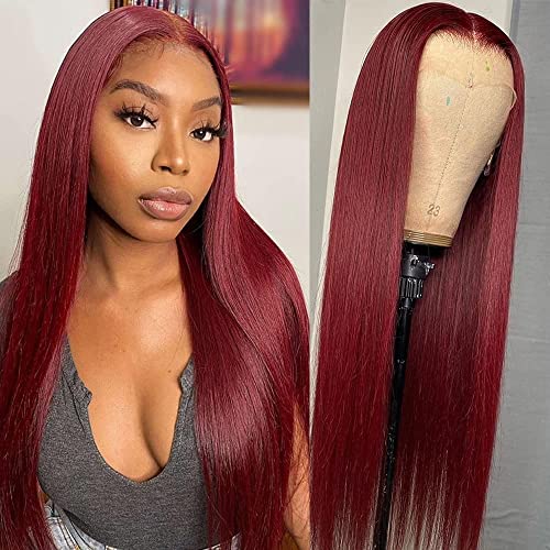 Şeffaf Şarap Kırmızı düz insan saçı Peruk Siyah Kadınlar için 150 Yoğunluk 99j Bordo HD dantel ön peruk insan saçı