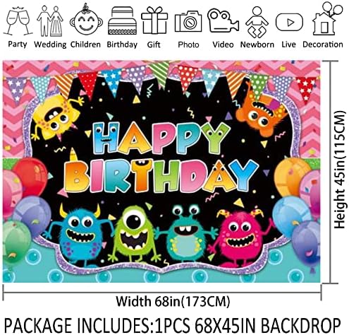 68x45 inç Küçük Canavarlar Doğum Günü Zemin Gökkuşağı Balonlar ve Bayraklar Animasyon Film Fotoğraf Arka Plan Çocuklar