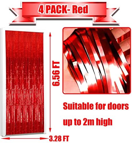 4 Paket Kırmızı Folyo Saçak Perde Zemin, 3.28 Ft x 6.56 Ft Metalik Tinsel Folyo Saçak Flamalar Perdeler için fotoğraf