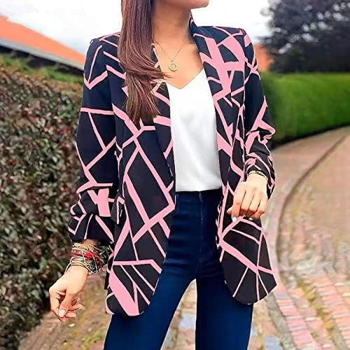 Bayan Açık Ön Uzun Blazer kadınlar için Rahat Uzun Kollu Geometrik Pop Sanat Baskı İş Blazer Takım Elbise Grafik Ceketler