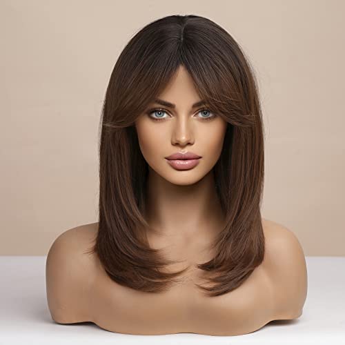 Kadınlar için HAİRCUBE Uzun Kahverengi Peruk, Günlük için Patlama ile Sentetik Katmanlı Saç Peruk