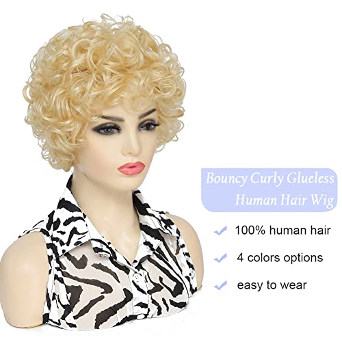 HUA 613 sarı insan saçı peruk Beyaz Kadınlar için gerçek insan saçı tutkalsız kısa kıvırcık bayan Peruk Beyaz Kadınlar