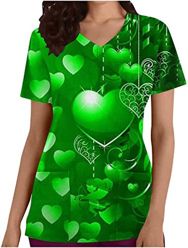 Kadın Aziz patrick Günü Fırçalama Üst Yeşil Yonca V Yaka Kısa Kollu çalışma üniforması Yaz Casual Bluz İş Giysisi