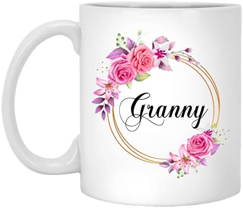 GavınsDesıgns Büyükanne Çiçek Yenilik Kahve Kupa Anneler Günü Hediyesi-Altın Çerçeve Üzerinde Büyükanne Pembe Çiçekler-Yeni