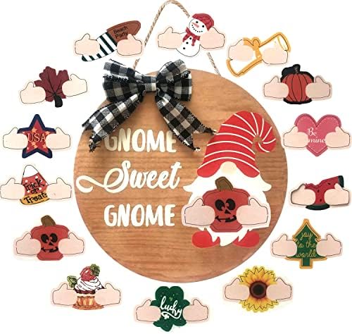 Gnome Tatlı Gnome İşareti, Ahşap Mevsimlik Gnome Kapı Askısı, 12 İnç Değiştirilebilir hoş geldin yazısı Ön Kapı için