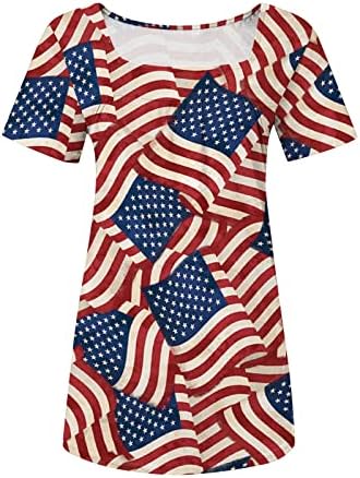 QCEMENİ Bağımsızlık Günü Tunik Üstleri Kadınlar için Amerikan Bayrağı Kısa Kollu T Shirt Pilili Kare Boyun Bluzlar
