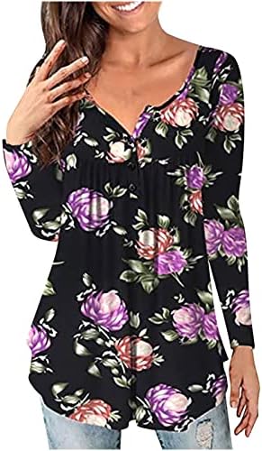 Bayan Çiçek Gömlek Moda Uzun Kollu Günlük Rahat Gömlek Gevşek Düğme V Yaka T-Shirt Tunik bluz Kazak Tops