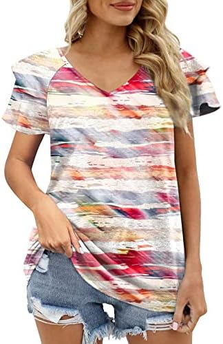 Yaz T-Shirt Kadın Fırfır Kısa Kollu Üstleri Moda V Boyun Gömlek Batik Grafik Baskı Tees Casual Tunik Bluz