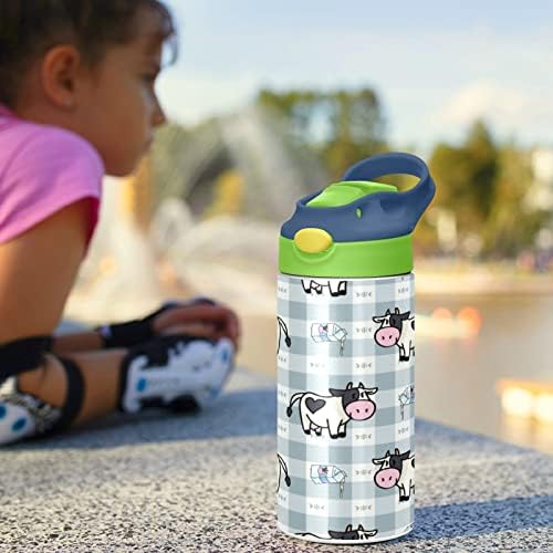 Sevimli İnek Çocuk Su Şişesi, BPA İçermeyen Vakum Yalıtımlı Paslanmaz Çelik Su Şişesi, Hasır Kapaklı Çift Duvarlı