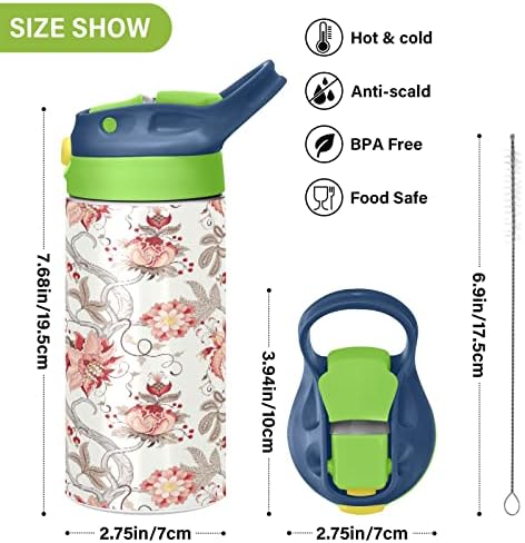 Zarif Çiçek Çocuk Su Şişesi, BPA İçermeyen Vakum Yalıtımlı Paslanmaz Çelik Su Şişesi, Hasır Kapaklı Çift Duvarlı Sızdırmaz