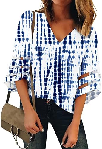 Rahat V Boyun Bluz Kadınlar için 3/4 Çan Kollu Örgü Panel Gömlek Üst Moda Çiçek Gevşek Fit T Shirt Şık Üstleri
