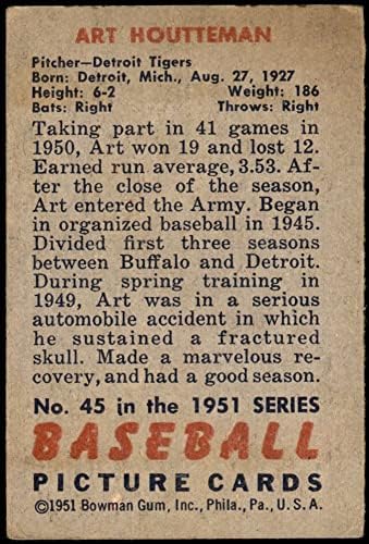 1951 Okçu 45 Sanat Houtteman Detroit Kaplanları (Beyzbol Kartı) VG Kaplanları