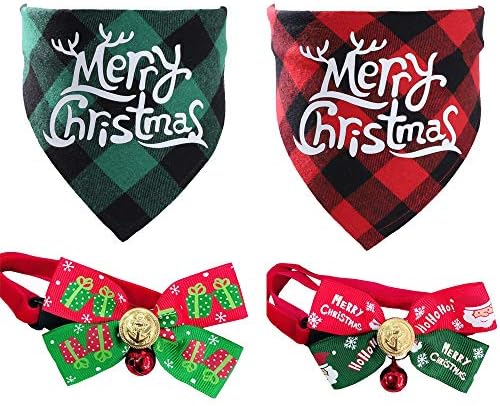 2 Paket Köpek Bandana Noel Pet Üçgen Eşarp Kırmızı ve Yeşil, 2 adet Noel Yaka Ayrılıkçı papyon ve Çan Kediler Köpekler