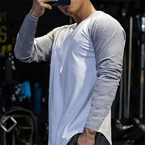 Andongnywell Erkek Uzun Kollu Ekip Boyun Gömlek Pamuk Renk Bloğu Kavisli Damla Kuyruk T-Shirt Kas Spor Giyim