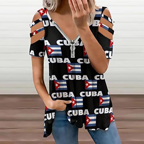 Küba Bayrağı kadın Soğuk Omuz Gömlek Kısa Kollu Baskı T-Shirt Rahat V Boyun Zip Bluzlar Tops