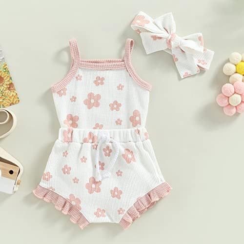 Mandızy Yenidoğan Bebek Kız Giysileri Yaz Çiçek Baskı Örgü Kolsuz Romper Fırfır Gaf Şort Kafa Bandı 3 Adet Kıyafetler