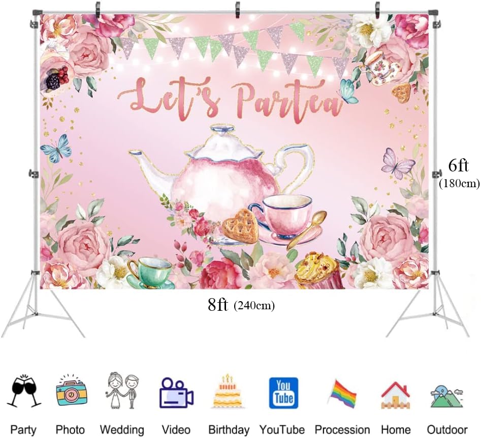 Let's Partea Zemin Bahar Pembe Çiçek Kelebek Glitter Çay Partisi Fotoğraf Arka Plan Tatlı Kız Bahçe İkindi Çayı Doğum