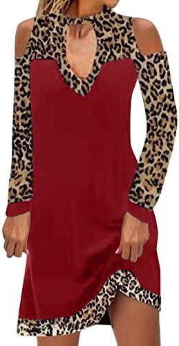 NOKMOPO Pullu Elbise Kadınlar için Rahat Leopar Renk Paneli Kapalı Omuz Uzun Kollu Düz Elbise