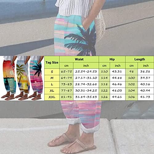 Keten Palazzo Pantolon Kadınlar için Tropikal Baskı Rahat Kapriler Pantolon Elastik Bel Tatil Geniş Bacak Pantolon