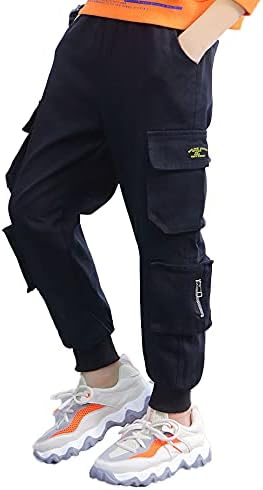 easyforever Çocuk Boys Yüksek Bel Kargo Pantolon Joggers Rahat Düz Renk Sıkı Atletik Pantolon Çok Cepli