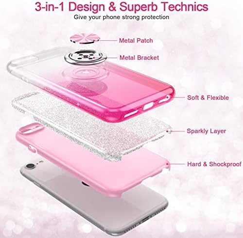 PeeTep iPhone SE 2020 Kılıf,Kızlar için iPhone SE 3 Kılıf Glitter, iPhone 8 Kılıf, iPhone 7 Kılıf, 360°Halka Tutucu