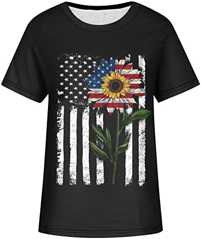 Kızlar Crewneck pamuk Amerikan bayrağı ayçiçeği çiçek grafik bluz Tshirt bayan yaz sonbahar 0S 0S