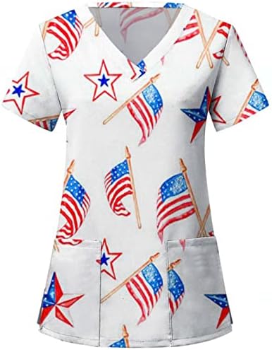 4th Temmuz Kadınlar için Üstleri Amerikan Bayrağı Yaz Kısa Kollu V Yaka Gömlek 2 Cepler Bluz Üst Tatil Rahat İş Giysisi