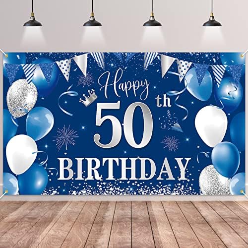 50th Doğum Günü Afiş Zemin,BTZO Mutlu 50th Doğum Günü Süslemeleri, Erkekler ve Kadınlar için mavi Gümüş Kumaş fotoğraf