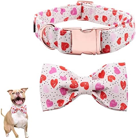 Sevgililer Günü köpek tasması - Kırmızı Pembe Kalp Nokta Desen köpek tasması Papyon ile El Yapımı Ayarlanabilir Büyük