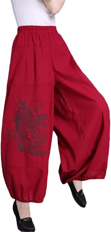 Kadın Pamuk ve Keten Nakış Pantolon Çin Tarzı Rahat Uzun Gevşek Olgunlaşanlar Geniş Bacak Pantalones Kırmızı S
