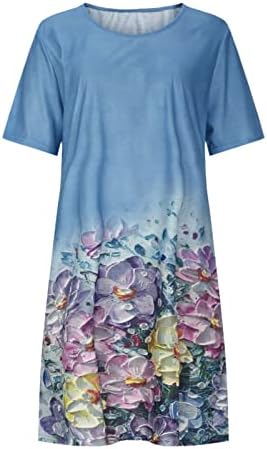 BADHUB kadın Yaz Rahat T Shirt Elbiseler Çiçek Baskı Yuvarlak Boyun Kısa Kollu Salıncak Tunik Elbise Sundress Cepler
