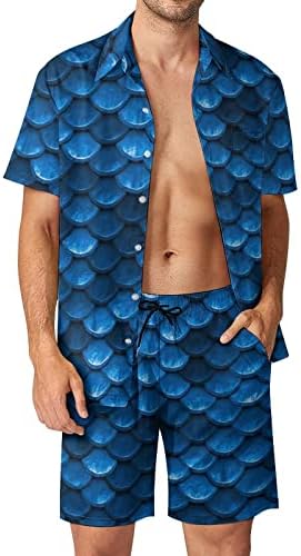 WEEDKEYCAT Mavi Balık Terazi Tarzı erkek Plaj Kıyafetleri 2 Parça Hawaiian Düğme Aşağı Gömlek Kısa Kollu ve Şort Gövde