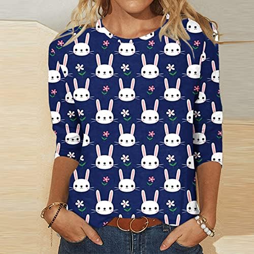 Paskalya Gömlek Kadınlar için 3/4 Kollu Tavşan Baskılı T-Shirt Artı Boyutu Paskalya Günü Tees En Ekip Boyun Gevşek