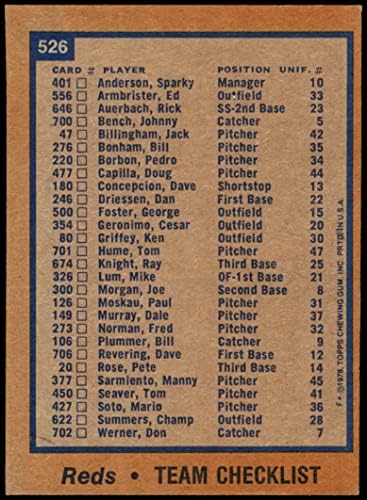 1978 Topps 526 Reds Takım Kontrol Listesi Cincinnati Reds (Beyzbol Kartı) VG Reds