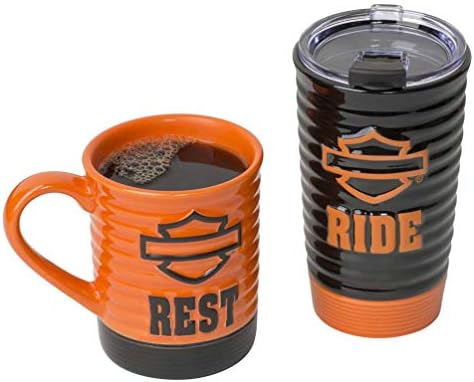 Harley-Davidson Ride & Rest Seyahat / Kahve Seramik Kupa Seti, Siyah ve Turuncu